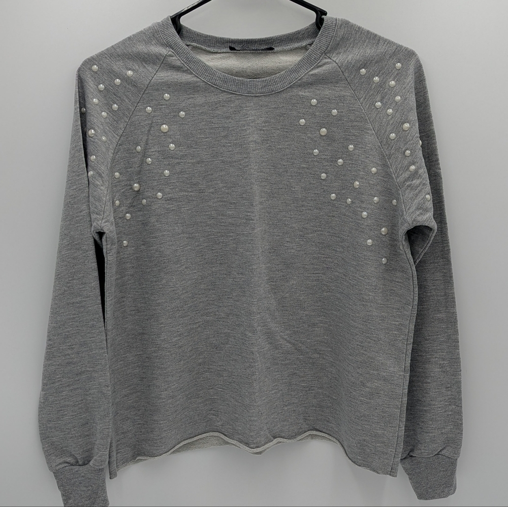 Select Women's Gray Pearl Embellished Sweater Cotton Blend Crew Neck